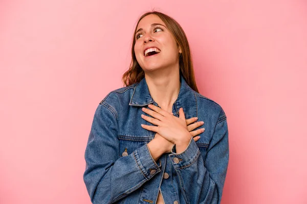 Young Caucasian Woman Isolated Pink Background Laughing Keeping Hands Heart — Stock Photo, Image