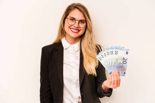 白地に孤立した紙幣を持っている若いビジネスの原因アジアの女性幸せ 笑顔と陽気 — ストック写真