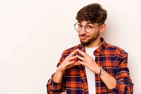 Giovane Uomo Ispanico Isolato Sfondo Bianco Inventando Piano Mente Creando — Foto Stock