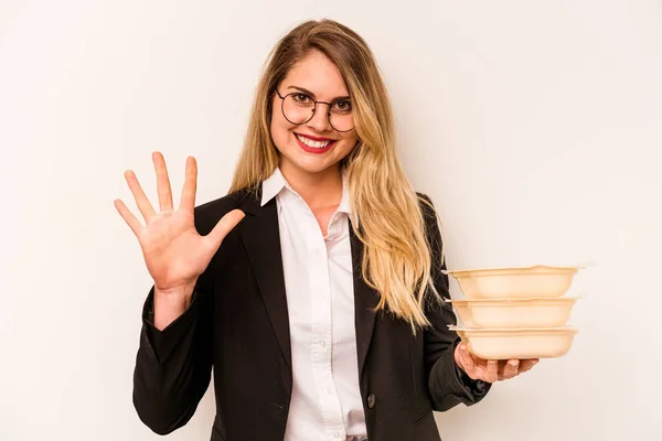 Young Business Caucasian Woman Holding Tupperware Isolated White Background Smiling — Stockfoto