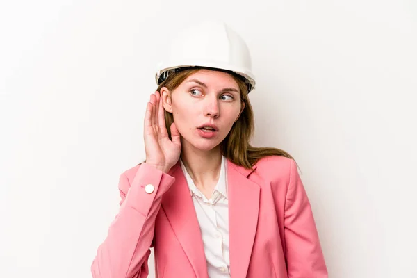 Arsitek Muda Wanita Inggris Dengan Helm Terisolasi Latar Belakang Putih — Stok Foto