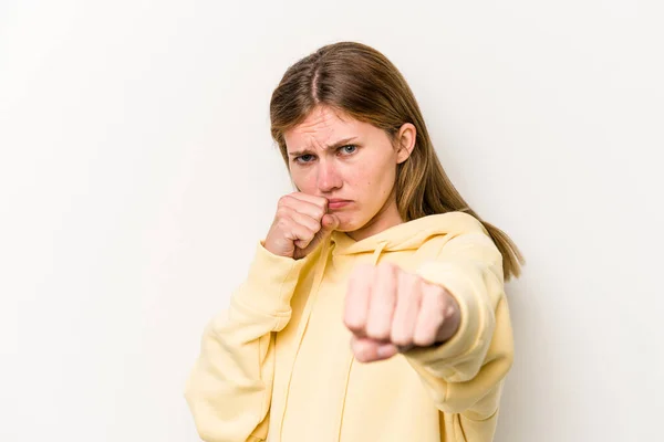 Ung Rysk Kvinna Isolerad Vit Bakgrund Kasta Ett Slag Ilska — Stockfoto