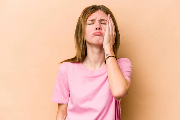 Ung Engelsk Kvinna Isolerad Beige Bakgrund Trött Och Mycket Sömnig — Stockfoto