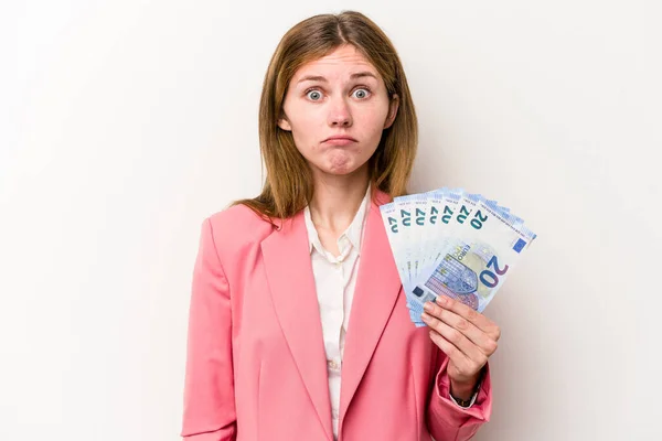Young Business English Woman Holding Banknotes Isolated White Background Shrugs — Stock Photo, Image