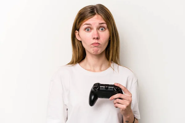 Jonge Engels Vrouw Spelen Met Een Video Game Controller Geïsoleerde — Stockfoto