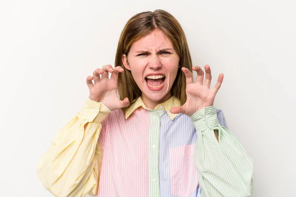 Junge Russin Auf Weißem Hintergrund Isoliert Zeigt Krallen Die Eine — Stockfoto