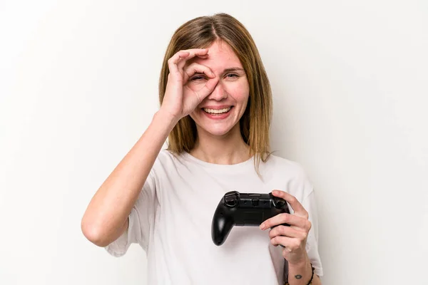 Jovem Inglesa Mulher Jogando Com Controlador Vídeo Game Isolado Fundo — Fotografia de Stock