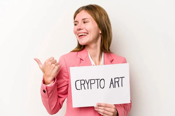 Jeune Femme Affaires Anglaise Tenant Une Plaque Argent Cryptographique Isolée — Photo