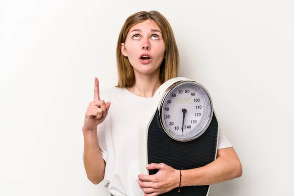 Young English Woman Holding Scale Isolated White Background Pointing Upside — Stock Photo, Image