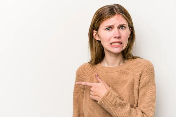 Ung Rysk Kvinna Isolerad Vit Bakgrund Pekar Sidan — Stockfoto