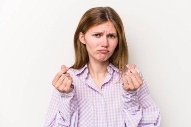 Beyaz arka planda izole edilmiş genç bir Rus kadın hiç parası olmadığını gösteriyor..