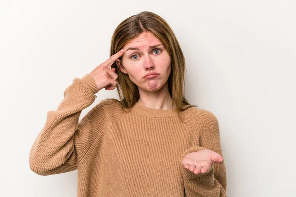 Jong Russisch Vrouw Geïsoleerd Witte Achtergrond Holding Tonen Een Product — Stockfoto