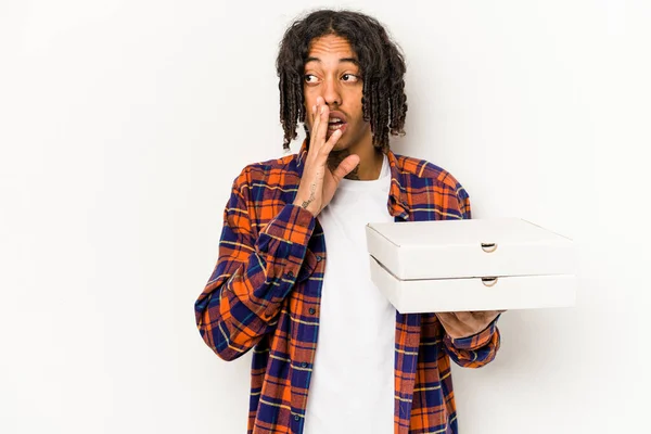 Young African American Man Holding Pizzas Isolated Blue Background Saying — Stock Photo, Image