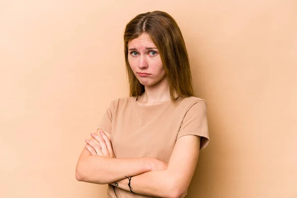 Jonge Engelse Vrouw Geïsoleerd Beige Achtergrond Verdacht Onzeker Het Onderzoeken — Stockfoto