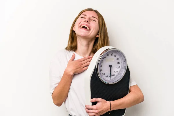 Young English Woman Holding Scale Isolated White Background Laughs Out — Stock Photo, Image