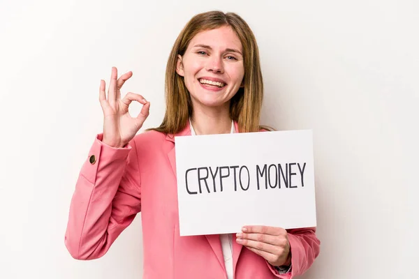 Jeune Femme Affaires Anglaise Tenant Une Pancarte Crypto Argent Isolé — Photo
