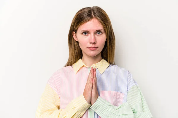 Mladá Ruská Žena Izolovaná Bílém Pozadí Modlící Projevující Oddanost Věřící — Stock fotografie