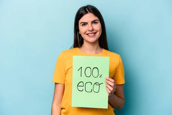 Jonge Blanke Vrouw Met 100 Eco Placard Geïsoleerd Blauwe Achtergrond — Stockfoto
