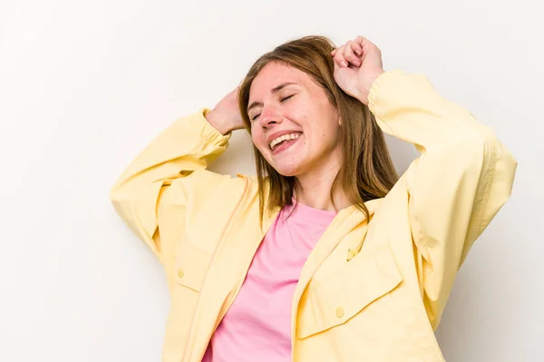 Ung Engelsk Kvinna Isolerad Vit Bakgrund Firar Speciell Dag Hoppar — Stockfoto