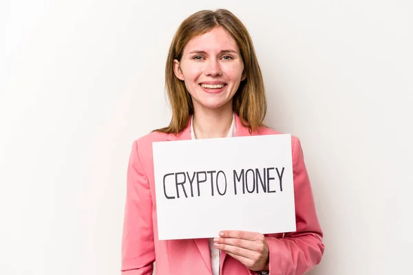 Jeune Femme Affaires Anglaise Tenant Une Plaque Argent Crypto Isolé — Photo