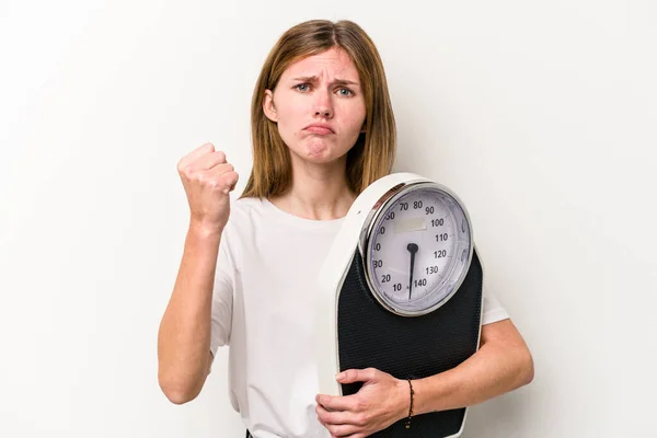 Young English Woman Holding Scale Isolated White Background Showing Fist — Stock Photo, Image