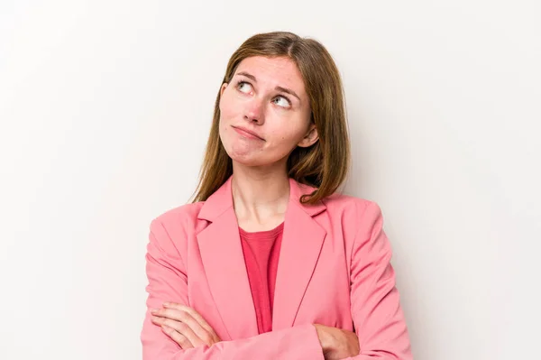 Young Russian Woman Isolated White Background Dreaming Achieving Goals Purposes — Stock Photo, Image