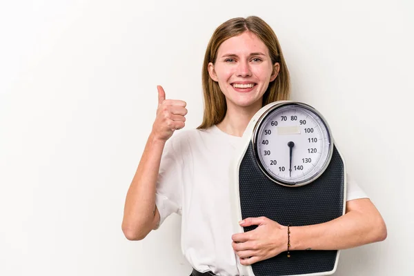 Young English Woman Holding Scale Isolated White Background Smiling Raising — Stock Photo, Image