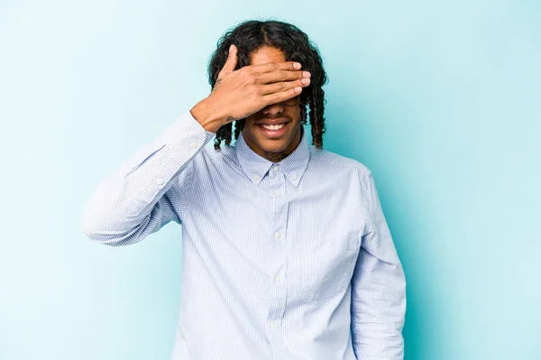 Young African American Man Isolated Blue Background Covers Eyes Hands — Stock Photo, Image