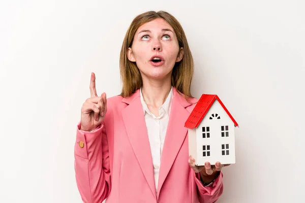 Young Business English Woman Holding House Toy Isolated White Background — Stock Photo, Image