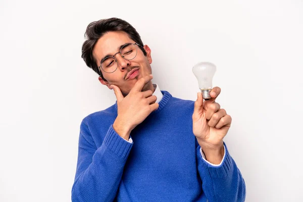 Young Caucasian Man Holding Lightbulb Isolated White Background — Stock Photo, Image
