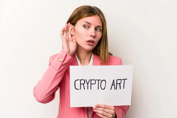 Jeune Femme Affaires Anglaise Tenant Une Plaque Argent Crypto Isolé — Photo