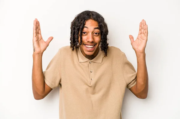 Young African American Man Isolated White Background Receiving Pleasant Surprise — Stock Photo, Image