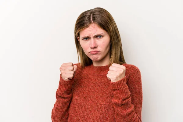 Jeune Femme Russe Isolée Sur Fond Blanc Montrant Poing Caméra — Photo