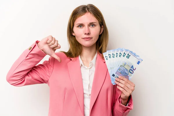 Young Business English Woman Holding Banknotes Isolated White Background Showing — Stock Photo, Image