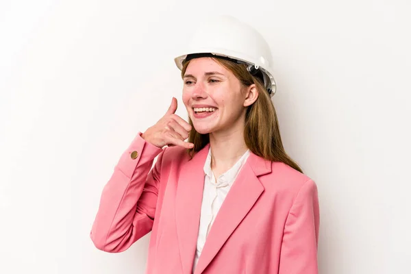 Jovem Arquiteta Mulher Inglesa Com Capacete Isolado Fundo Branco Mostrando — Fotografia de Stock