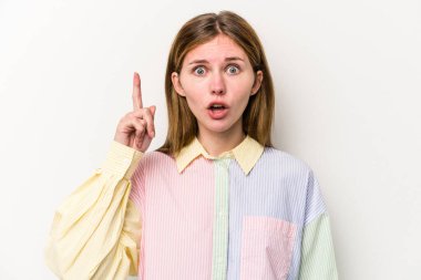 Beyaz arka planda izole edilmiş genç Rus kadının bir fikri, ilham konsepti var..