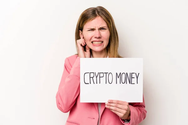 Jeune Femme Affaires Anglaise Tenant Une Plaque Crypto Argent Isolé — Photo