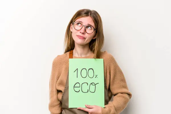 Junge Gärtnerin Mit Einem 100 Öko Plakat Auf Weißem Hintergrund — Stockfoto