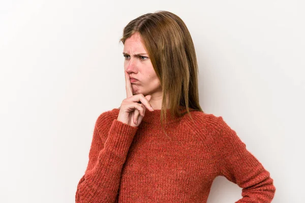 Young Russian Woman Isolated White Background Keeping Secret Asking Silence — Stock Photo, Image