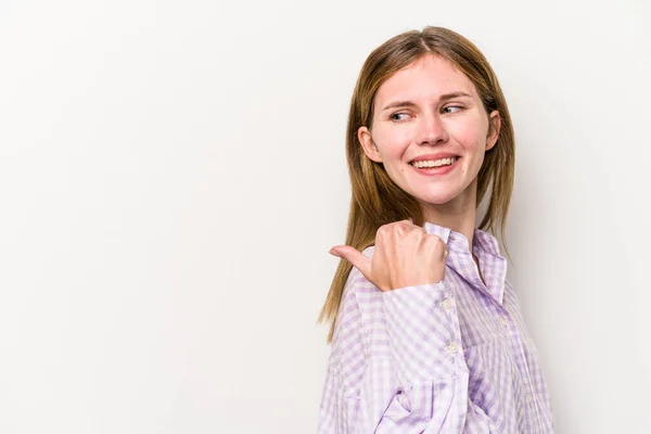 Jovem Mulher Russa Isolado Pontos Fundo Branco Com Dedo Polegar — Fotografia de Stock