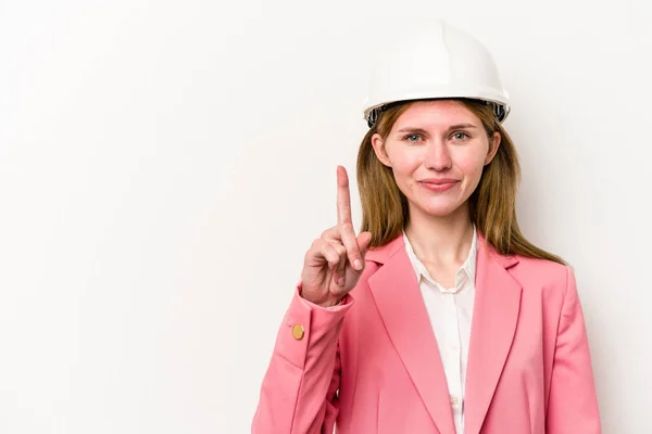 Jovem Arquiteto Mulher Inglesa Com Capacete Isolado Fundo Branco Mostrando — Fotografia de Stock