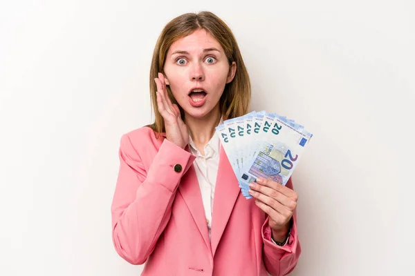 Young Business English Woman Holding Banknotes Isolated White Background Surprised — Stock Photo, Image