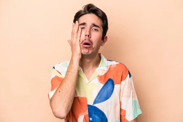 Young Caucasian Man Isolated Beige Background Tired Very Sleepy Keeping — Stock Photo, Image