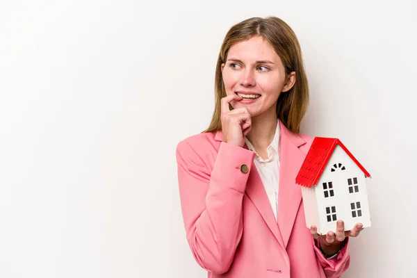 Young Business English Woman Holding House Toy Isolated White Background — Stock Photo, Image