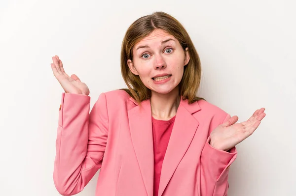 Young Russian Woman Isolated White Background Confused Doubtful Shrugging Shoulders — Stock Photo, Image