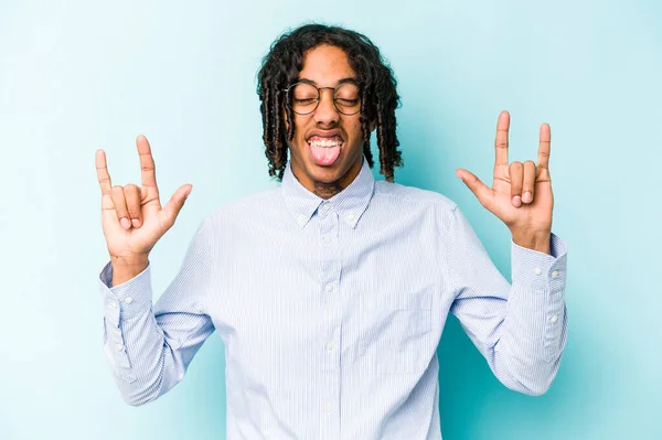 Young African American Man Isolated Blue Background Showing Rock Gesture — Stock Photo, Image