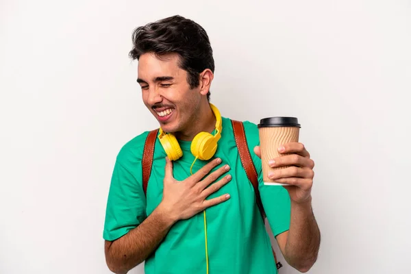Mladý Běloch Student Muž Pití Kávy Izolované Bílém Pozadí Směje — Stock fotografie