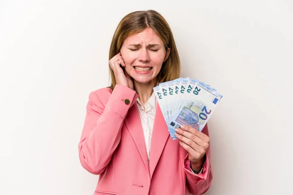 Young Business English Woman Holding Banknotes Isolated White Background Covering — Stock Photo, Image