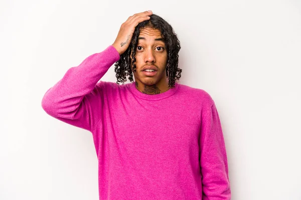 Young African American Man Isolated White Background Being Shocked She — Stock Photo, Image