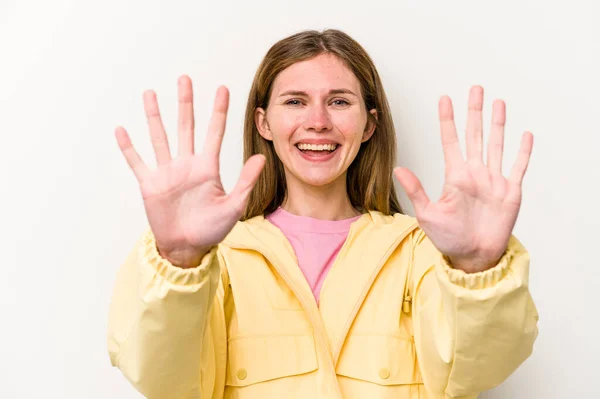 Jovem Inglesa Isolada Fundo Branco Mostrando Número Dez Com Mãos — Fotografia de Stock